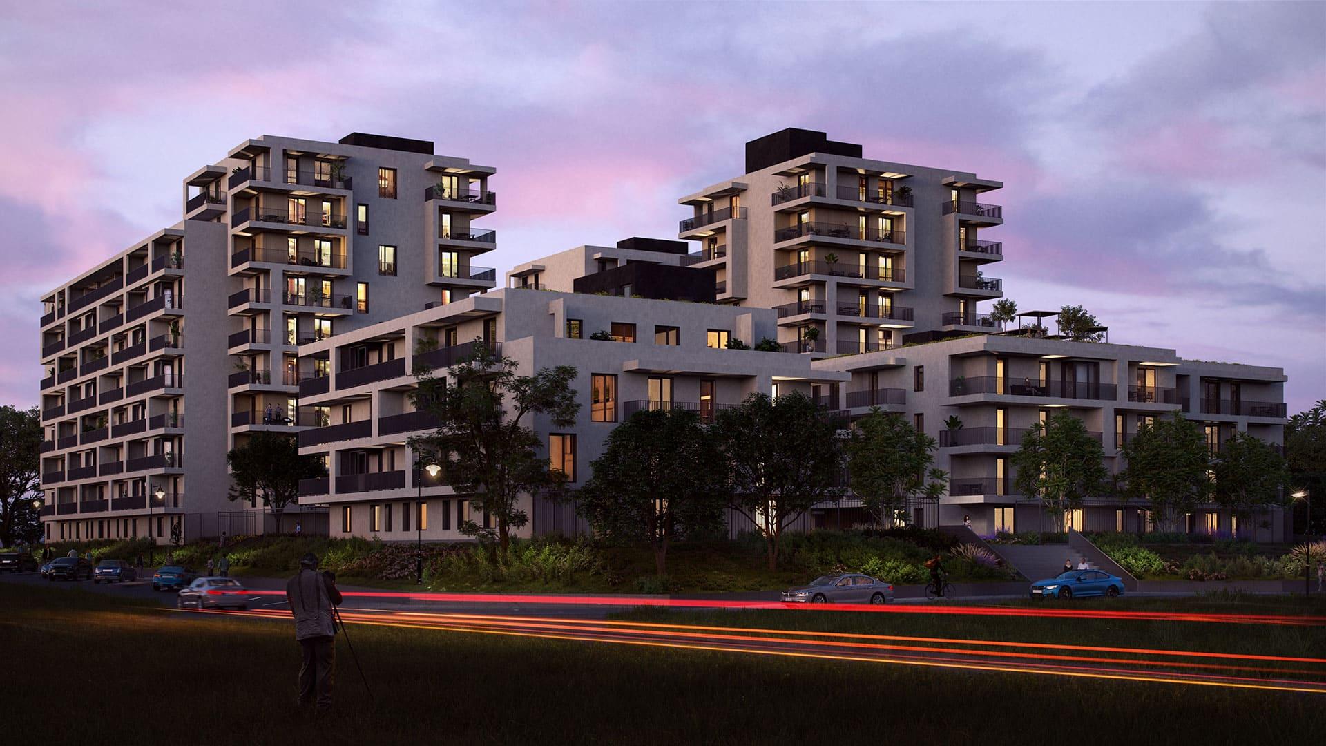 Visual design of Római Park residential development at dawn