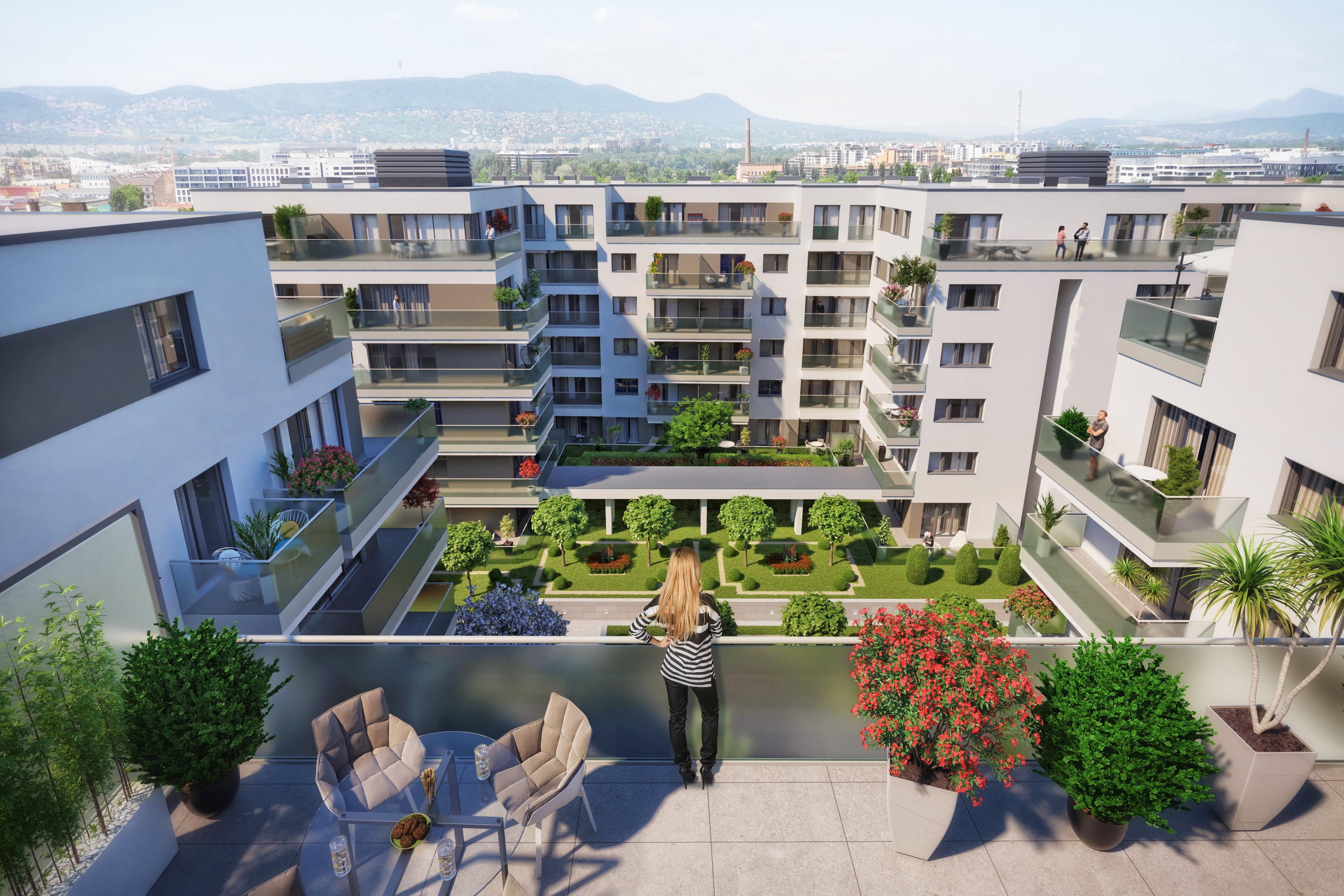 Visual design of a woman looking out of a terrace